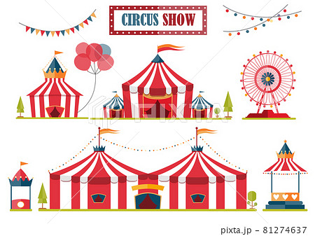 Set of circus tent marquee with stripes and flags isolated,Ferris Wheel,Vector illustrations. Set of circus tent marquee with stripes and flags isolated,Ferris Wheel,Vector illustrations. 81274637