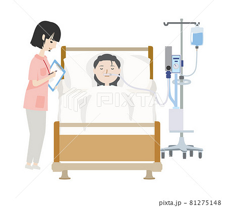 人工呼吸器をつけて安静にしているお母さんを見守る看護師のイラスト素材