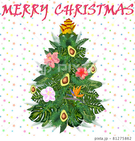 Tropical Christmas. palm leaves and snowflakes. Template for cards and party invitations 81275862