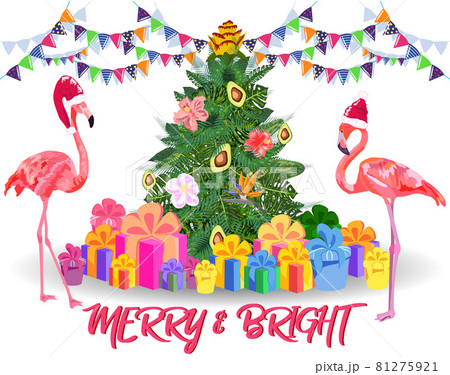 Christmas tree made of tropical monstera leaves, avocado, gifts under the tree and fireworks. New Year celebration concept, banner, postcard 81275921