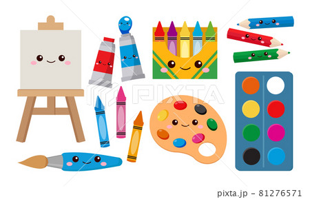 Set of kawaii art supplies. Flat vector cartoon...のイラスト素材