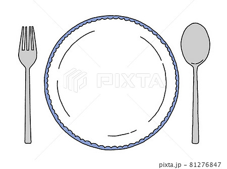 シンプルな白いお皿とナイフとフォークのイラストレーションのイラスト素材