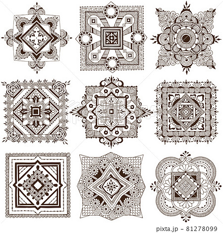 Decorative elements for design. Mehndi style square patterns. 81278099