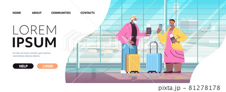 senior couple of tourists using smartphones grandparents with luggage passports and tickets ready to boarding at airport senior couple of tourists using smartphones grandparents with luggage passports and tickets ready to boarding at airport 81278178