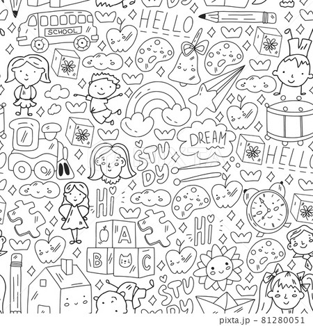 Vector pattern. School and online education. Little boys and girls play and grow together. Vector pattern. School and online education. Little boys and girls play and grow together. 81280051
