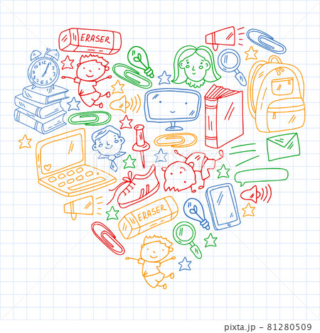 Vector pattern. School and online education. Little boys and girls play and grow together. Online education. 81280509