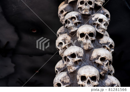 Skull Halloween Background Many People Skulls Stand on top of each other. Mystic creepy concept. Abstract nightmare occult memorial Skull Halloween Background Many People Skulls Stand on top of each other. Mystic creepy concept. Abstract nightmare occult memorial 81281566