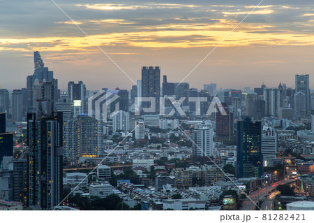 Aerial view of Beautiful scenery view of Skyscraper Evening time Sunset creates relaxing feeling for the rest of the day. Aerial view of Beautiful scenery view of Skyscraper Evening time Sunset creates relaxing feeling for the rest of the day. 81282421