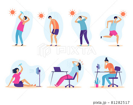 Hot weather. People summer problems tired sunny persons outdoor warm healthcare exhaustion recent vector flat illustrations 81282517