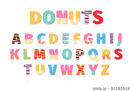 Donuts alphabet. Attraction funny text letters food cake lettering 3d dessert symbols for design menu projects garish vector illustrations alphabet templates 81282618