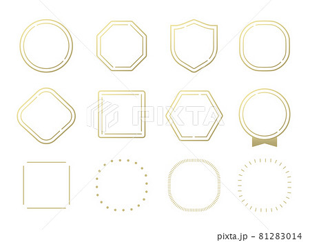 多角形 円形 四角形のフレームイラストセット 金色 線画バージョン のイラスト素材 8114