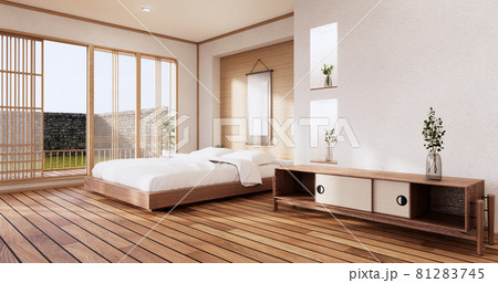 White bed room japanese design on tropical room interior and tatami mat floor. 3D rendering White bed room japanese design on tropical room interior and tatami mat floor. 3D rendering 81283745