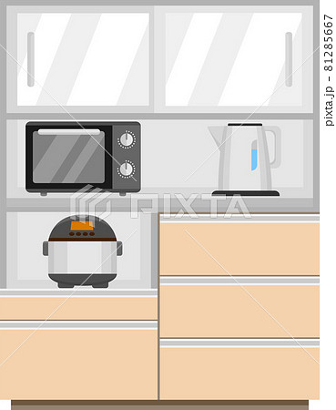 キッチン 家電 食器棚 電子レンジ ケトル 炊飯器のイラスト素材