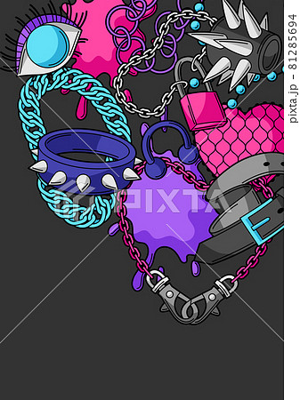 Background with youth subculture symbols. Teenage creative illustration. Fashion necklaces in cartoon style. Background with youth subculture symbols. Teenage creative illustration. Fashion necklaces in cartoon style. 81285694