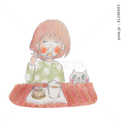 手描きイラスト ケーキを食べる女の子と白猫のイラスト素材
