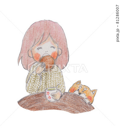 手描きイラスト どら焼きを食べる女の子と柴犬のイラスト素材