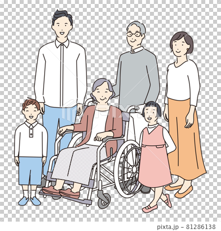 シンプル イラスト 笑顔の家族と車椅子のおばあさんのイラスト素材