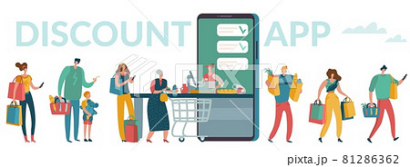 Mobile supermarket. Smartphone discount app concept. People wait in line and buy food products in digital store. Vector men and women make purchases using online shopping application Mobile supermarket. Smartphone discount app concept. People wait in line and buy food products in digital store. Vector men and women make purchases using online shopping application 81286362