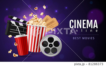 Realistic popcorn cinema. Movie watching concept, online filmshow entertainment, 3d cinematic objects, two tickets, snack and drink. Promotion flyer. Vector horizontal isolated poster 81286373