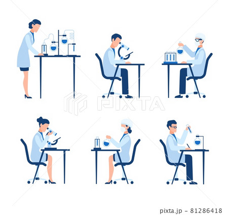 Doctors group in science laboratory. Scientist characters hospital, biological or chemical research with test clinical lab equipment. Creating new medicine vector cartoon flat isolated set 81286418