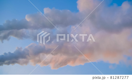 White smoke from factory smokestack, chimney against blue sunset sky White smoke from factory smokestack, chimney against blue sunset sky 81287277