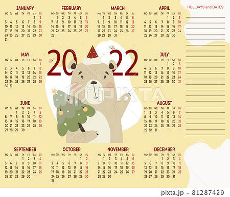Calendar 2022. Cute bear with a Christmas tree. Vector illustration. Horizontal calendar template A3 12 months in English with place for notes. Week starts From Monday. Stationery, printing, organizer Calendar 2022. Cute bear with a Christmas tree. Vector illustration. Horizontal calendar template A3 12 months in English with place for notes. Week starts From Monday. Stationery, printing, organizer 81287429