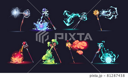Magic stuff with effects. Cartoon wizard weapon with different colorful fire or explosions. Game arms collection. Isolated scepters with magical battle spells. Vector sorcerer sticks set 81287438