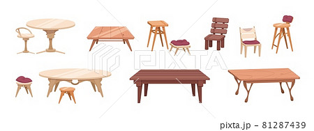 Wooden furniture. Cartoon tables and chairs for dining room and outdoor patio. Antique and modern tables from wood. Bar stools. Interior elements on white. Vector home woodwork set 81287439