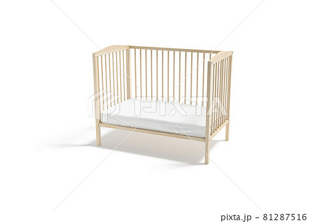 Blank wood cot with white crib sheet mockup, half-turned view 81287516