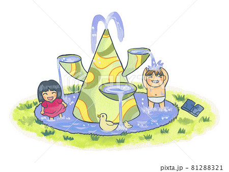 公園の噴水で遊ぶ子どもたちのイラスト素材 8121