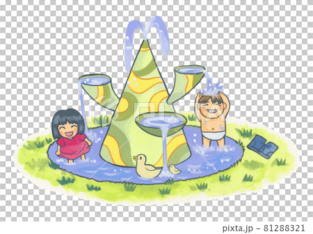 公園の噴水で遊ぶ子どもたちのイラスト素材 8121