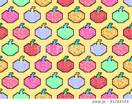 Apple seamless pattern in pixel art style. 8 bit multicolored apples in 2D retro style. Design for printing, wrapping paper and advertising. Vector illustration Apple seamless pattern in pixel art style. 8 bit multicolored apples in 2D retro style. Design for printing, wrapping paper and advertising. Vector illustration 81288349