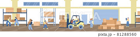 Workers in warehouse or logistic company storage, vector illustration isolated. 81288560
