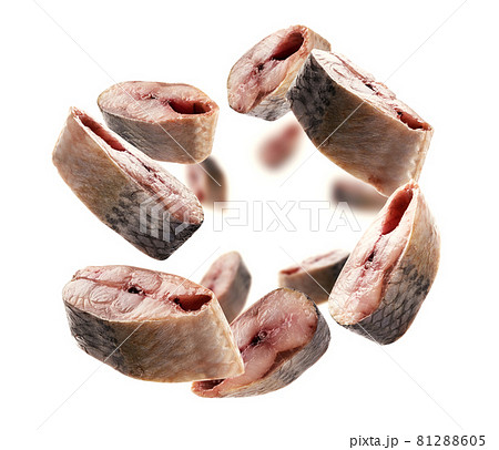 Pieces of fresh fish in the shape of a heart on a white background 81288605