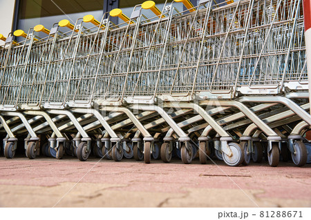 Many empty shopping carts on the shop parking 81288671