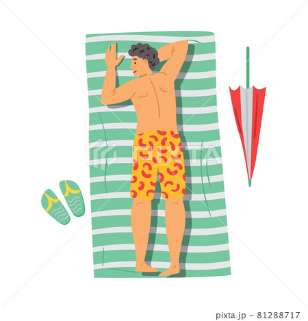 Top view of man tanning on towel or blanket, flat vector illustration isolated. 81288717