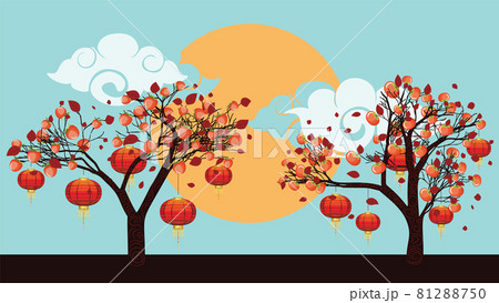 Persimmon tree with lanterns and moon 81288750