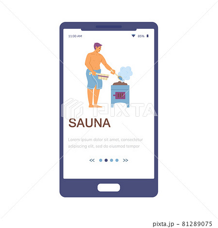 Onboarding screen with man in sauna or steam room, flat vector illustration. 81289075