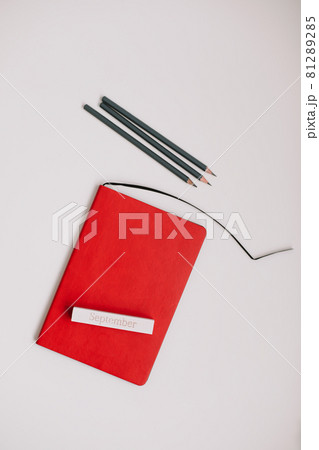 Back to school concept, school and office supplies, top view of notebook and pencils on white background 81289285
