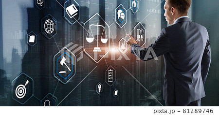 Law. Businessman on abstract blurred background using law protection right Law. Businessman on abstract blurred background using law protection right 81289746