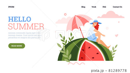 Web banner with happy girl sitting under sun umbrella on huge ripe watermelon. 81289778