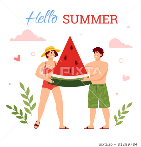 Hello summer banner with couple carrying watermelon, flat vector illustration. 81289784