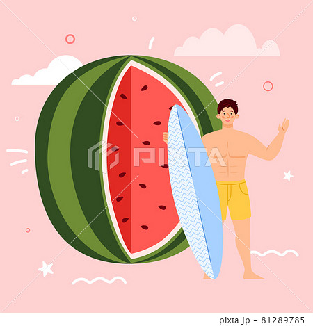 Happy tiny young man standing with surfboard on background huge ripe watermelon. 81289785