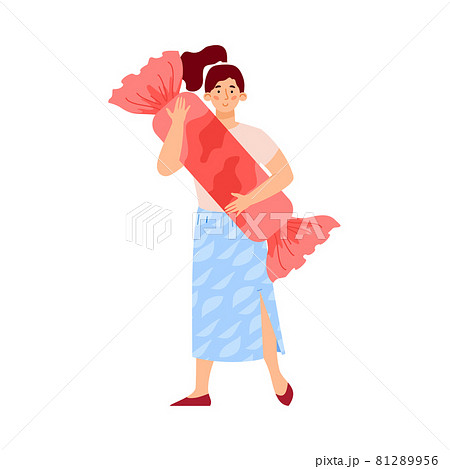 Woman with sugar addiction embracing candy, flat vector illustration isolated. Woman with sugar addiction embracing candy, flat vector illustration isolated. 81289956