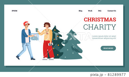 Website page with volunteer collecting money for charity, vector illustration. 81289977