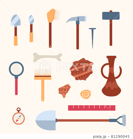 Set tools for work of scientists archaeologists at archeology excavations. Set tools for work of scientists archaeologists at archeology excavations. 81290045