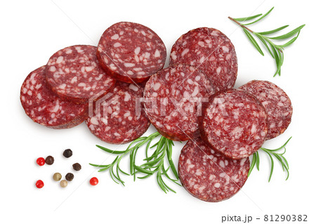 Smoked sausage salami slices isolated on white background with clipping path and full depth of field. Top view. Flat lay 81290382