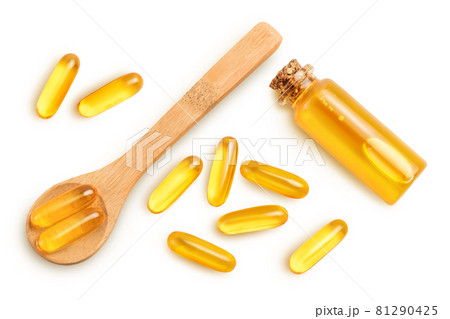 Fish oil capsules isolated on white background with clipping path and full depth of field. Top view. Flat lay 81290425