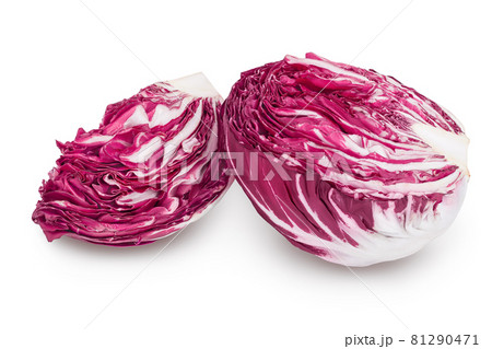 Fresh red radicchio salad slices isolated on white background with clipping path and full depth of field Fresh red radicchio salad slices isolated on white background with clipping path and full depth of field 81290471