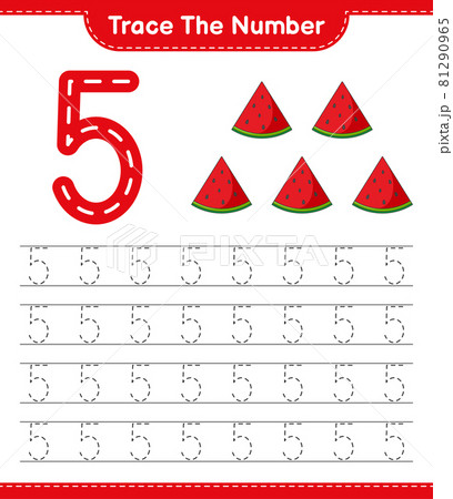 Trace the number. Tracing number with Watermelon. Educational children game, printable worksheet, vector illustration 81290965